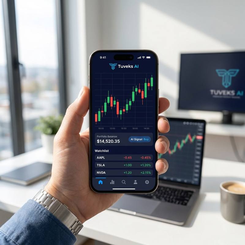 A hand holding a smartphone running the Tuveks AI app with a candlestick chart, AI buy signal, portfolio balance and watchlist, with a laptop and monitor behind