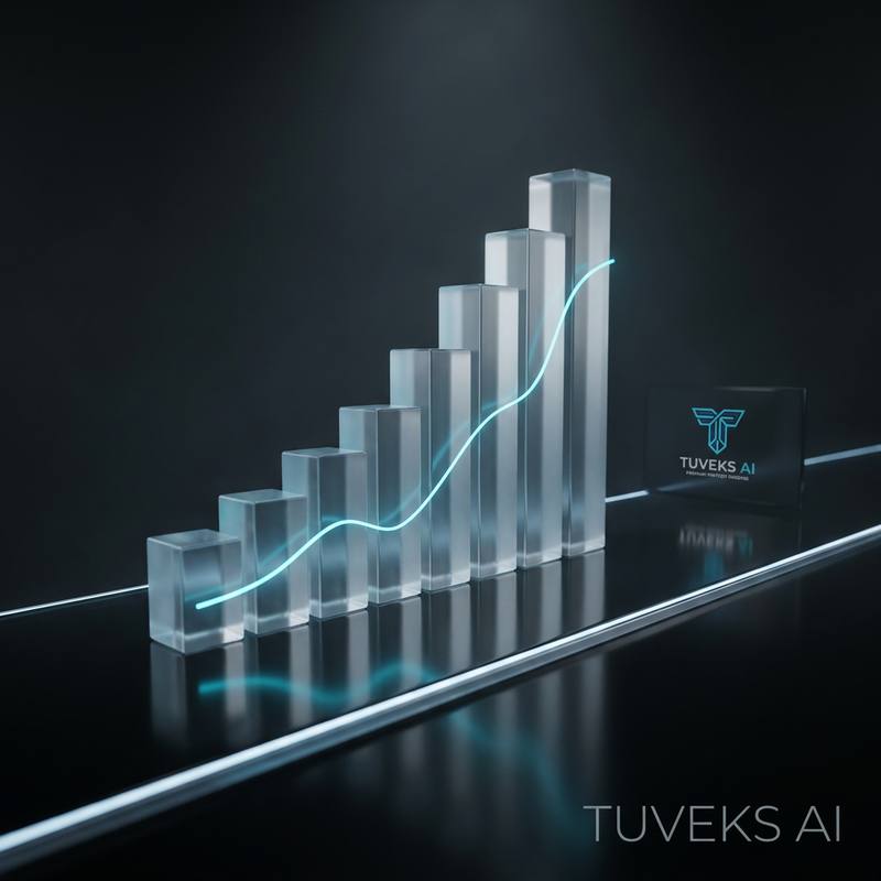 Frosted glass bars rising from left to right, traced by a glowing cyan growth line, beside a Tuveks AI plaque on a dark reflective surface