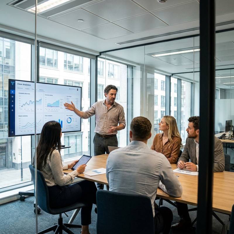 The Tuveks AI team in a glass-walled London meeting room while a colleague presents an analytics dashboard on a wall screen